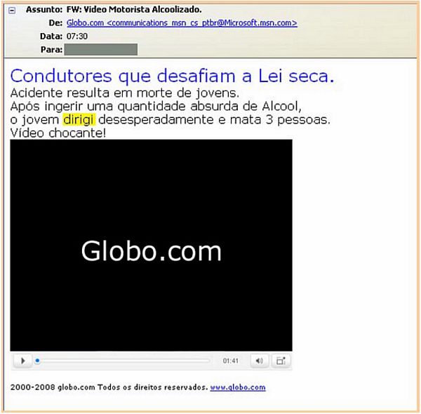 Exemplo de mensagem falsa identificando-se como do portal Globo.com