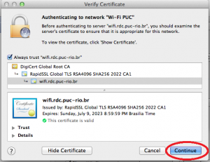 Clique em "Continuar" para confirmar o certificado da rede Wi-Fi PUC