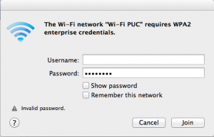 Insira seu login e senha de acesso à rede Wi-Fi PUC