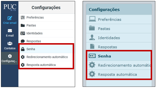 Opções disponíveis nas configurações do Webmail